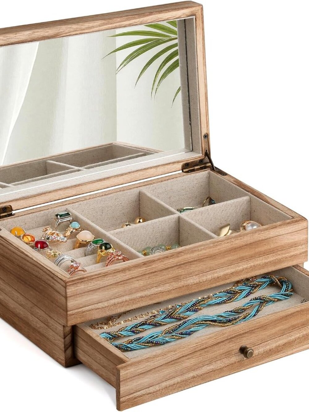 Jewelry Box Organizer for Women, 2 Layer Large Jewelry Storage Case, Rustic Wood
